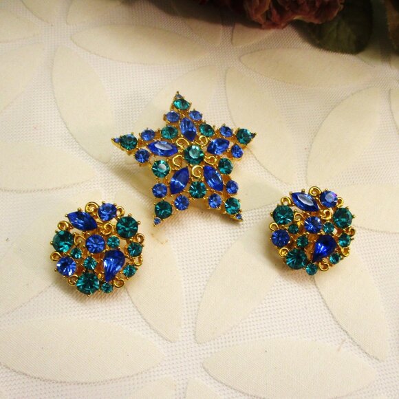 Vintage MJENT Star and Moon Rhinestone Gold Plate Brooch Earrings Designer Set - Picture 5 of 14